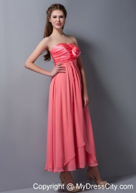 Watermelon Red Ankle-length Empire Ruching Bridesmaid Dress with Flower