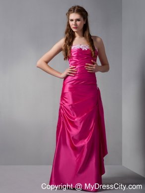 Strapless Hot Pink Column Ruching Maid of Honor Dress with Appliques