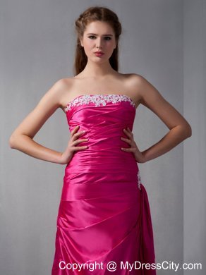 Strapless Hot Pink Column Ruching Maid of Honor Dress with Appliques