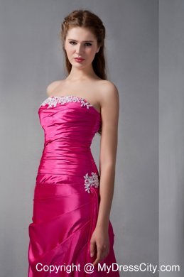 Strapless Hot Pink Column Ruching Maid of Honor Dress with Appliques