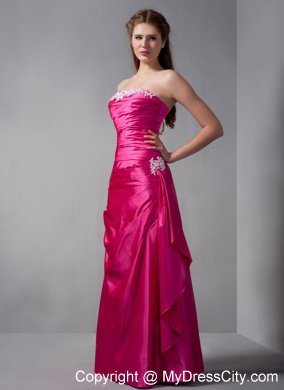 Strapless Hot Pink Column Ruching Maid of Honor Dress with Appliques