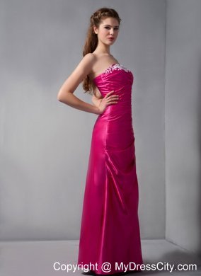 Strapless Hot Pink Column Ruching Maid of Honor Dress with Appliques