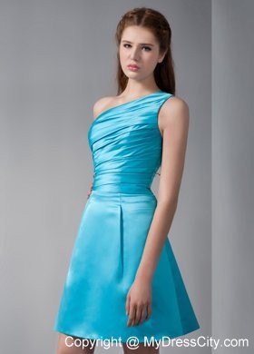 Aqua Blue A-line One Shoulder Mini-length Taffeta Ruche Bridesmaid Dress