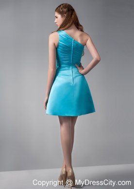 Aqua Blue A-line One Shoulder Mini-length Taffeta Ruche Bridesmaid Dress