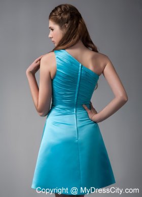 Aqua Blue A-line One Shoulder Mini-length Taffeta Ruche Bridesmaid Dress