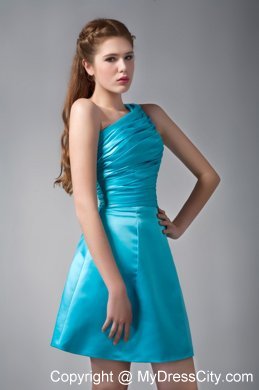 Aqua Blue A-line One Shoulder Mini-length Taffeta Ruche Bridesmaid Dress