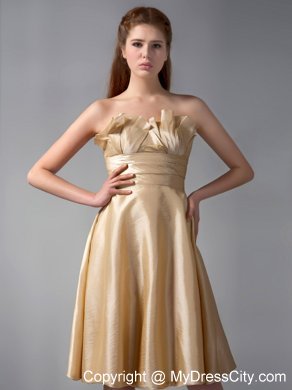 Gold Strapless Knee-length Satin Ruche Bridesmaid Dress With Floral Hem