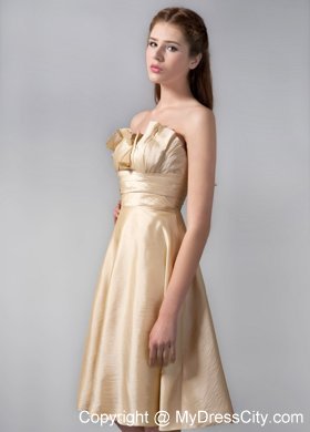 Gold Strapless Knee-length Satin Ruche Bridesmaid Dress With Floral Hem