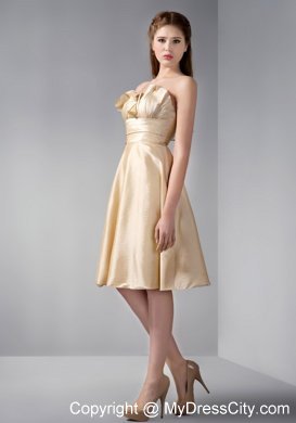 Gold Strapless Knee-length Satin Ruche Bridesmaid Dress With Floral Hem