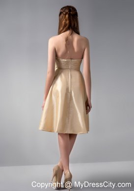 Gold Strapless Knee-length Satin Ruche Bridesmaid Dress With Floral Hem