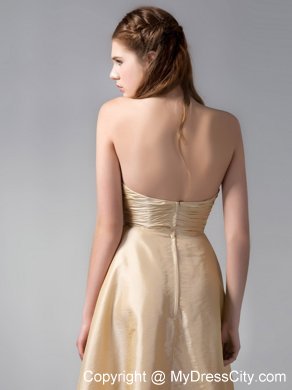 Gold Strapless Knee-length Satin Ruche Bridesmaid Dress With Floral Hem