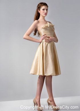 Gold Strapless Knee-length Satin Ruche Bridesmaid Dress With Floral Hem