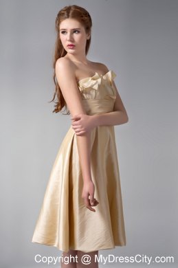 Gold Strapless Knee-length Satin Ruche Bridesmaid Dress With Floral Hem