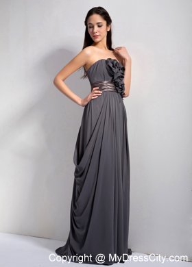 Dark Grey Empire Ruching Bridesmaid Dress with Flowers and Brown Belt