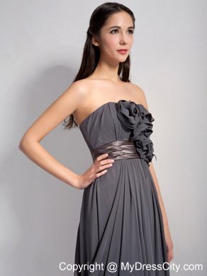 Dark Grey Empire Ruching Bridesmaid Dress with Flowers and Brown Belt