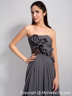 Dark Grey Empire Ruching Bridesmaid Dress with Flowers and Brown Belt