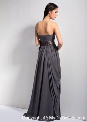 Dark Grey Empire Ruching Bridesmaid Dress with Flowers and Brown Belt