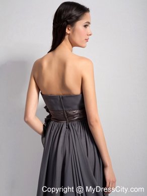 Dark Grey Empire Ruching Bridesmaid Dress with Flowers and Brown Belt