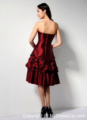 Burgundy Strapless Knee-length Bridesmaid Dress with Pick-ups and Ruches