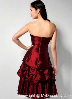 Burgundy Strapless Knee-length Bridesmaid Dress with Pick-ups and Ruches