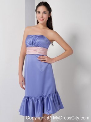 Knee-length Strapless Lilac Dresses For Bridesmaid with Light Pink Belt