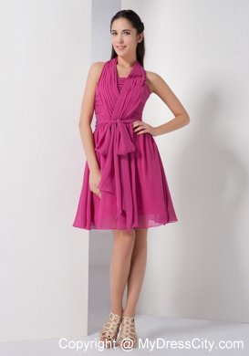 Fuchsia Halter Knee-length Chiffon Ruched Maid of Honor Dress with Sash