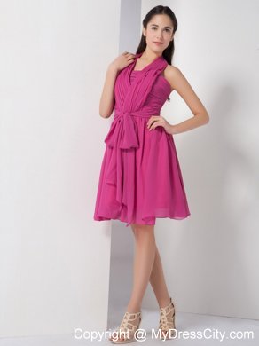 Fuchsia Halter Knee-length Chiffon Ruched Maid of Honor Dress with Sash