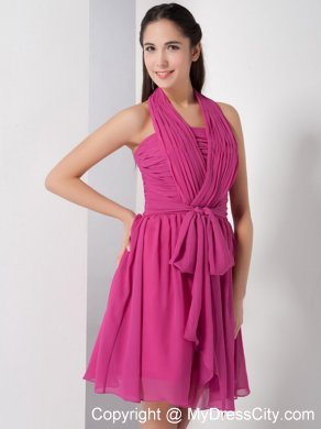 Fuchsia Halter Knee-length Chiffon Ruched Maid of Honor Dress with Sash