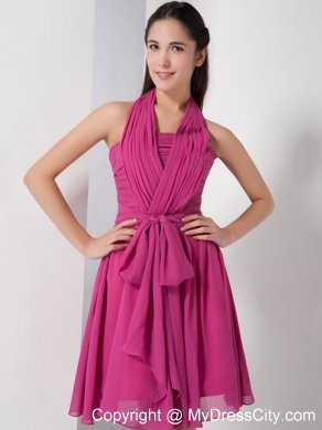 Fuchsia Halter Knee-length Chiffon Ruched Maid of Honor Dress with Sash