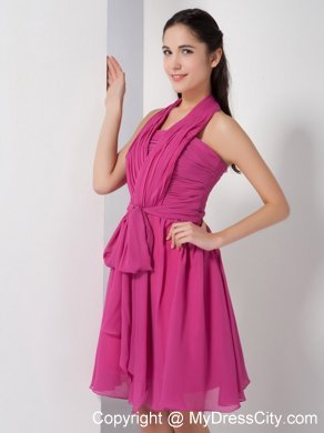 Fuchsia Halter Knee-length Chiffon Ruched Maid of Honor Dress with Sash