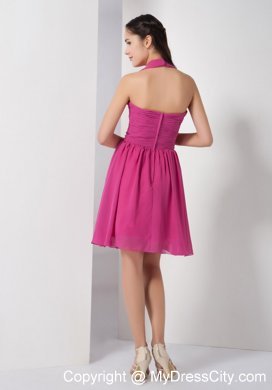 Fuchsia Halter Knee-length Chiffon Ruched Maid of Honor Dress with Sash