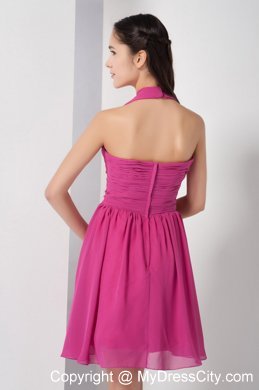 Fuchsia Halter Knee-length Chiffon Ruched Maid of Honor Dress with Sash