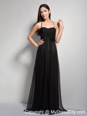 Black Empire Halter Brush Train Bridesmaid Dresses with Hand Made Flower