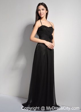 Black Empire Halter Brush Train Bridesmaid Dresses with Hand Made Flower