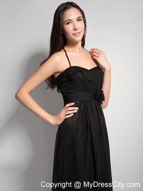 Black Empire Halter Brush Train Bridesmaid Dresses with Hand Made Flower