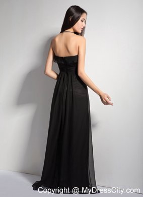 Black Empire Halter Brush Train Bridesmaid Dresses with Hand Made Flower