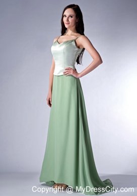 Spaghetti Straps Apple Green Column Chiffon Brush Train Bridesmaid Dress