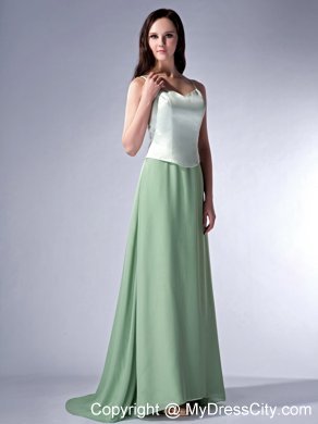 Spaghetti Straps Apple Green Column Chiffon Brush Train Bridesmaid Dress