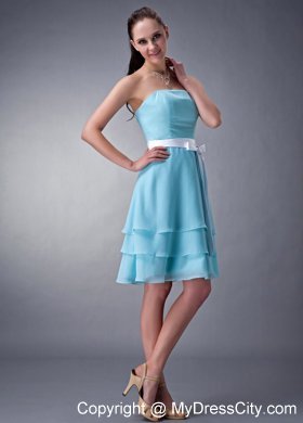 Short Aqua Blue Empire Strapless Bridesmaid Dress with layers and White Sash