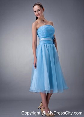 Strapless Baby Blue Tea-length Bridesmaid Dress with Chocolate Flower Belt