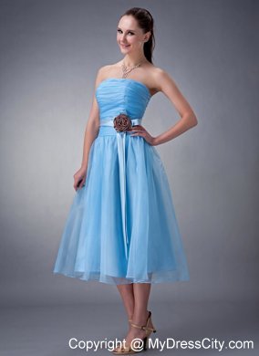 Strapless Baby Blue Tea-length Bridesmaid Dress with Chocolate Flower Belt