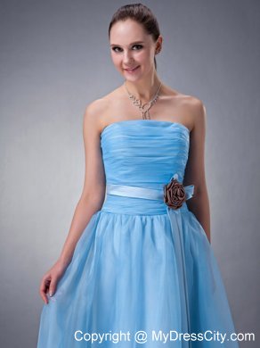 Strapless Baby Blue Tea-length Bridesmaid Dress with Chocolate Flower Belt