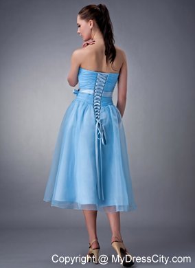 Strapless Baby Blue Tea-length Bridesmaid Dress with Chocolate Flower Belt