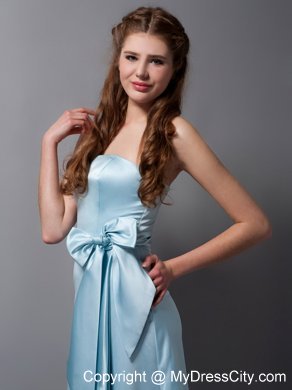 Baby Blue Column Strapless Brush Train Bridesmaid Dress with Bowknot Belt