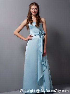 Baby Blue Column Strapless Brush Train Bridesmaid Dress with Bowknot Belt