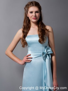 Baby Blue Column Strapless Brush Train Bridesmaid Dress with Bowknot Belt