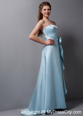 Baby Blue Column Strapless Brush Train Bridesmaid Dress with Bowknot Belt