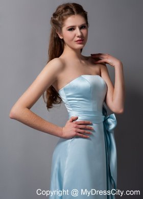 Baby Blue Column Strapless Brush Train Bridesmaid Dress with Bowknot Belt