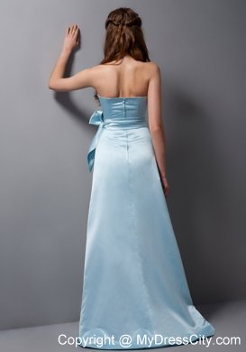 Baby Blue Column Strapless Brush Train Bridesmaid Dress with Bowknot Belt