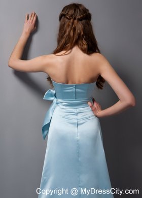 Baby Blue Column Strapless Brush Train Bridesmaid Dress with Bowknot Belt